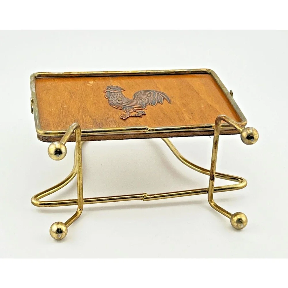 Vtg Victor Goldman Rooster Napkin Holder Wood Brass MCM Country Farmhouse Retro